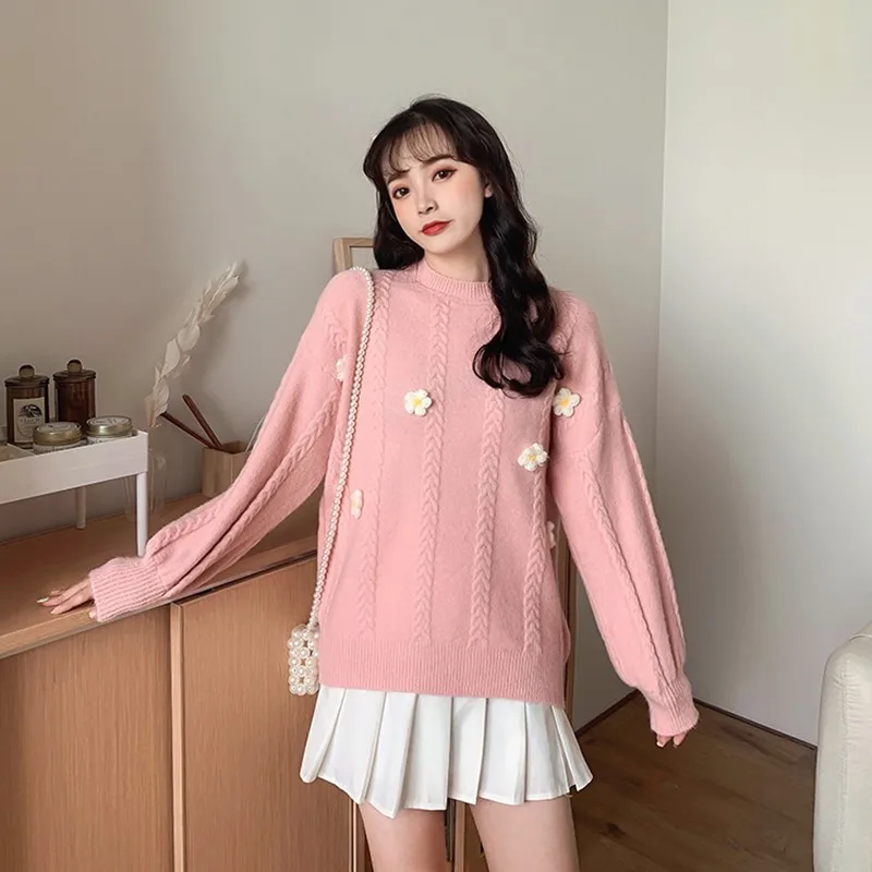 

Свитер женский в японском стиле Харадзюку на осень, новинка 2020, плотные вязаные пуловеры с длинным рукавом и цветочной вышивкой, свободные милые модные топы