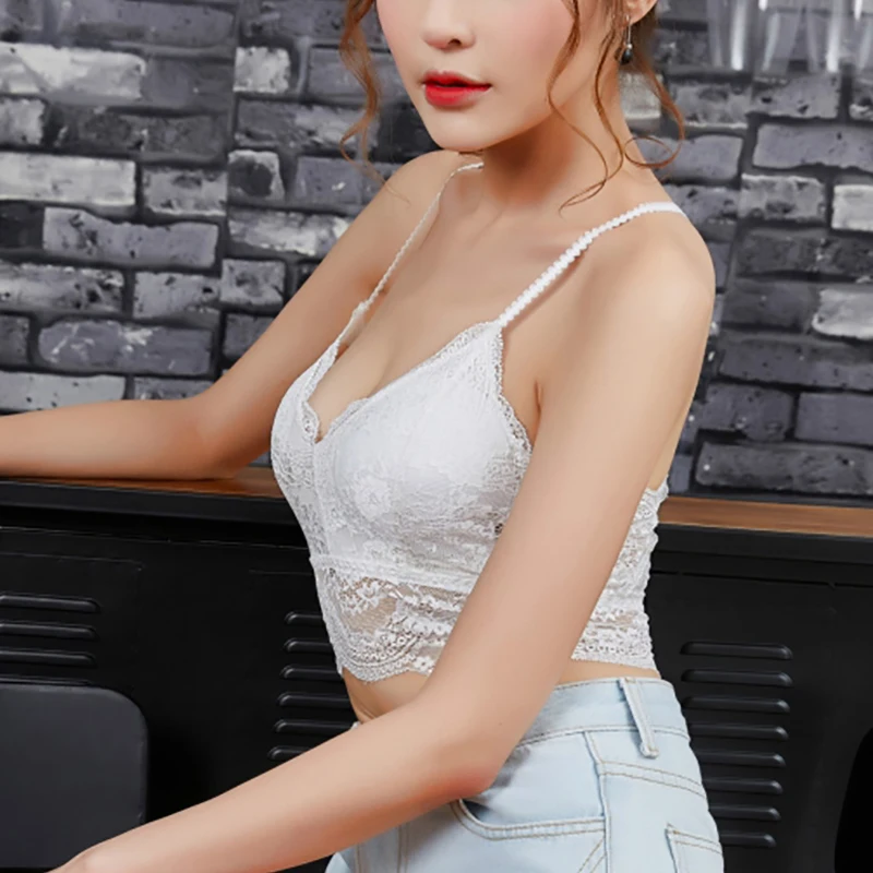 Women Versatile Sleeveless Lace Cotton Anti-lighting V-neck Off Shoulder Slim Solid Color Sexy Strap Tube Top