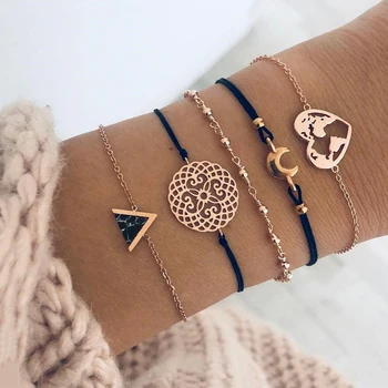 

5 Pcs/set Bohemian Heart Earth Moon Flower Stone Bracelet Set for Women Vintage Rope Hollow Map Pendant Female Jewelry NEW