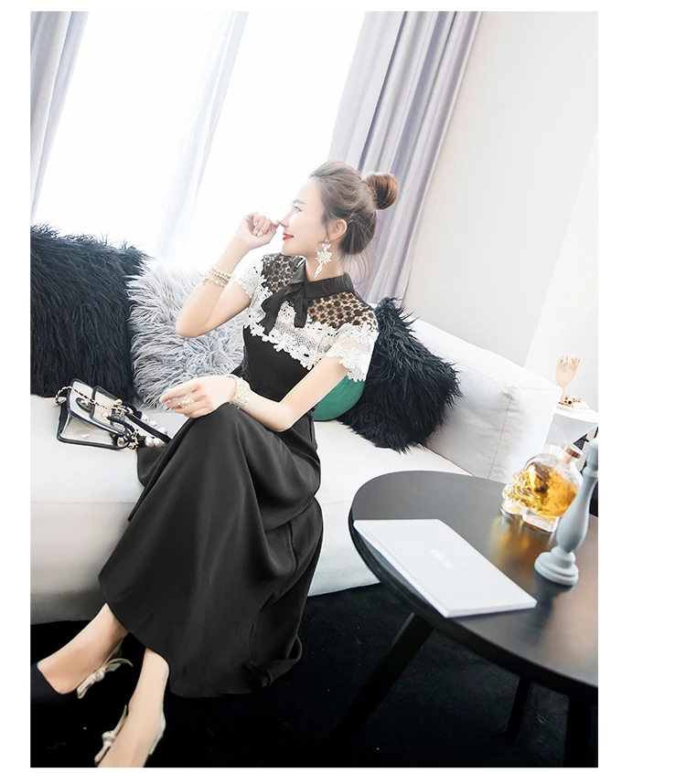 Delocah Runway Fashion Summer Midi Dress Women's Short Sleeve Bow Lace Splice High Waist Elegant Casual Ladies Black Dresses