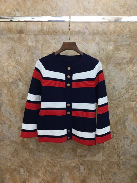 

Early Autumn 2019 New Women's Wear Colour Stripe Decorative Button Long Sleeve Open Shirt Knitwear 724
