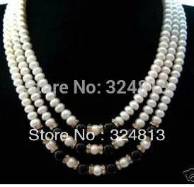 Junoesque 3row cultured pearl black stone necklace #2465 | Украшения и аксессуары