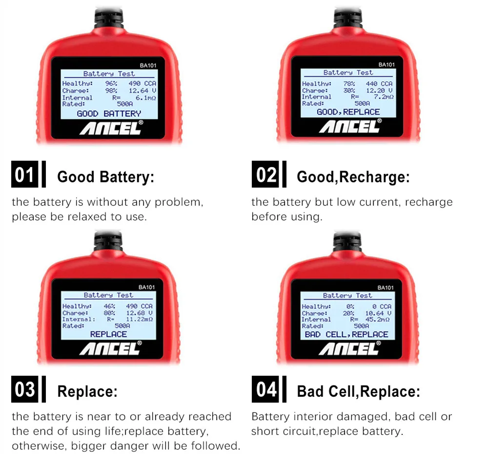 ANCEL BA101 12V 100-2000 CCA Autobatterietester Ladegerät Werkzeuge