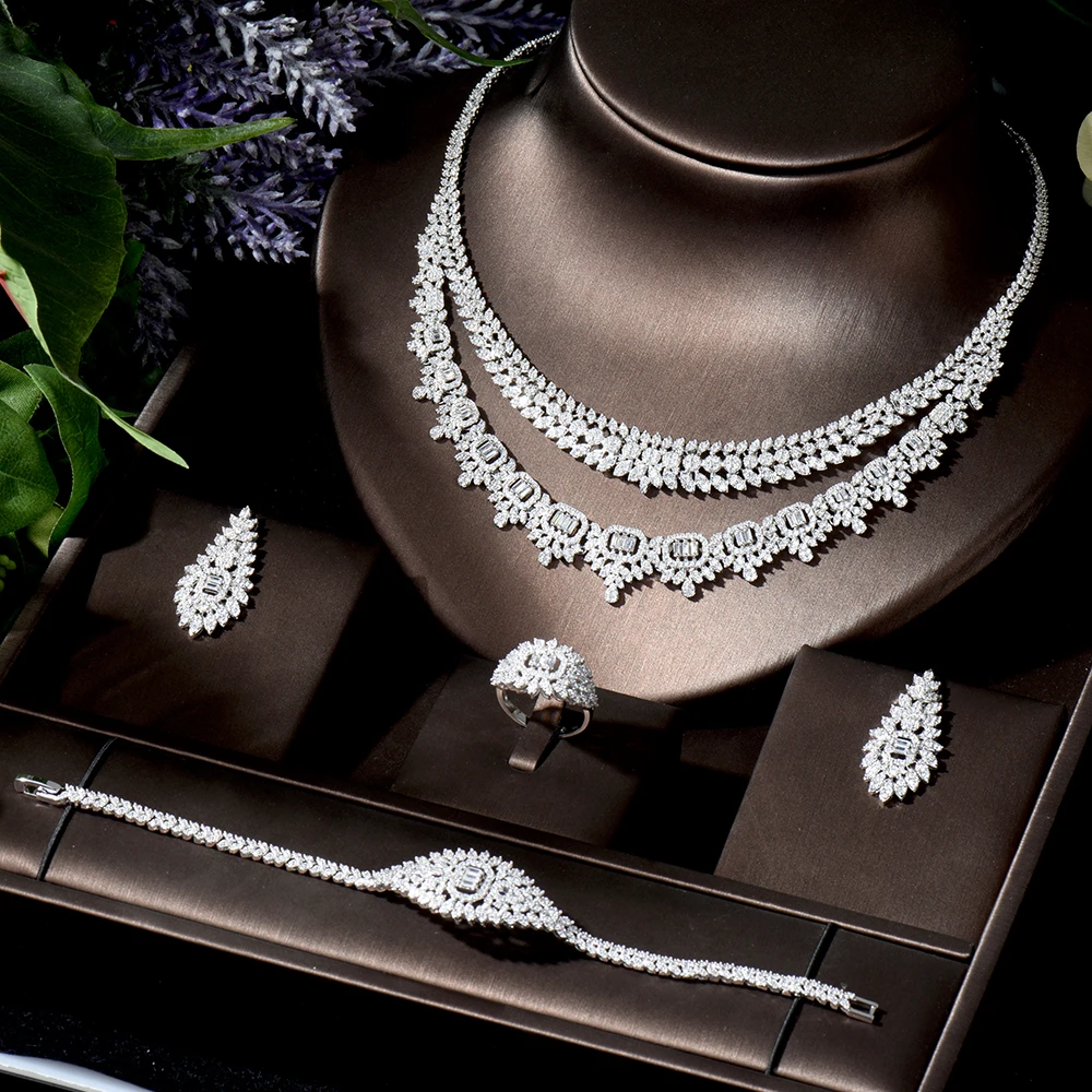 

HIBRIDE Latest Fashion Bridal Wedding Jewelry Set High Quality Geometric Design Women Anniversary 4pcs Jewelry Set Bijoux N-833