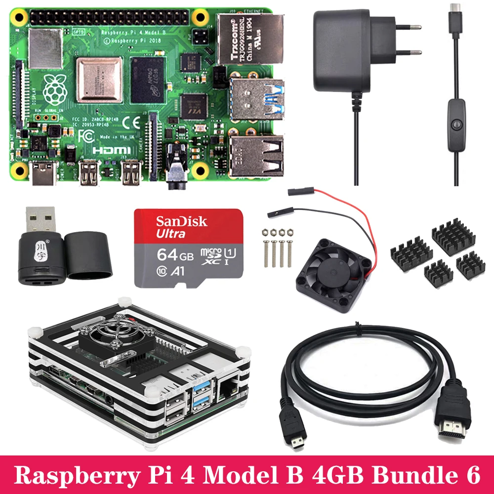 Комплект Raspberry Pi 4, 1 ГБ, 2 ГБ, 4 Гб ОЗУ, акриловый чехол, адаптер питания, радиатор для Raspberry Pi 4, Модель B, 4B - Комплект: Комплект 6