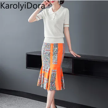

2020 Summer Runway Designer Suit Set Women Short Sleeve Hollow Out Knitted Pullover Top + Flower Printed Fishtail Midi Skirt Set