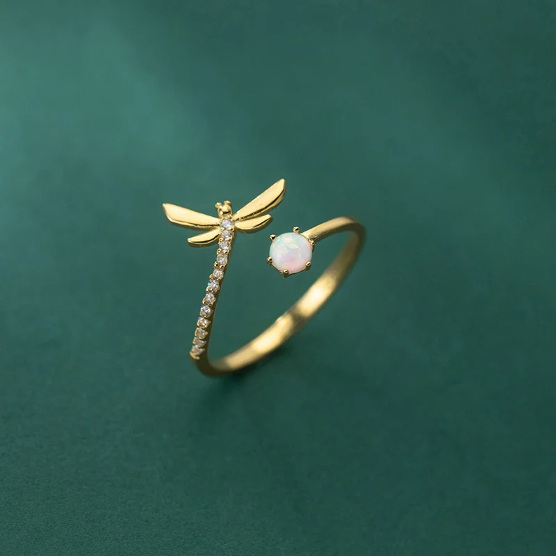 925 Sterling Silver Bohemian Opal Zircon Dragonfly Open Rings For Women