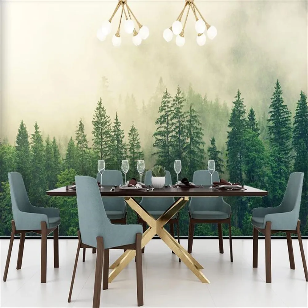 

Milofi Customized large wallpaper mural forest cloud mist verdant pine forest living room TV background wall