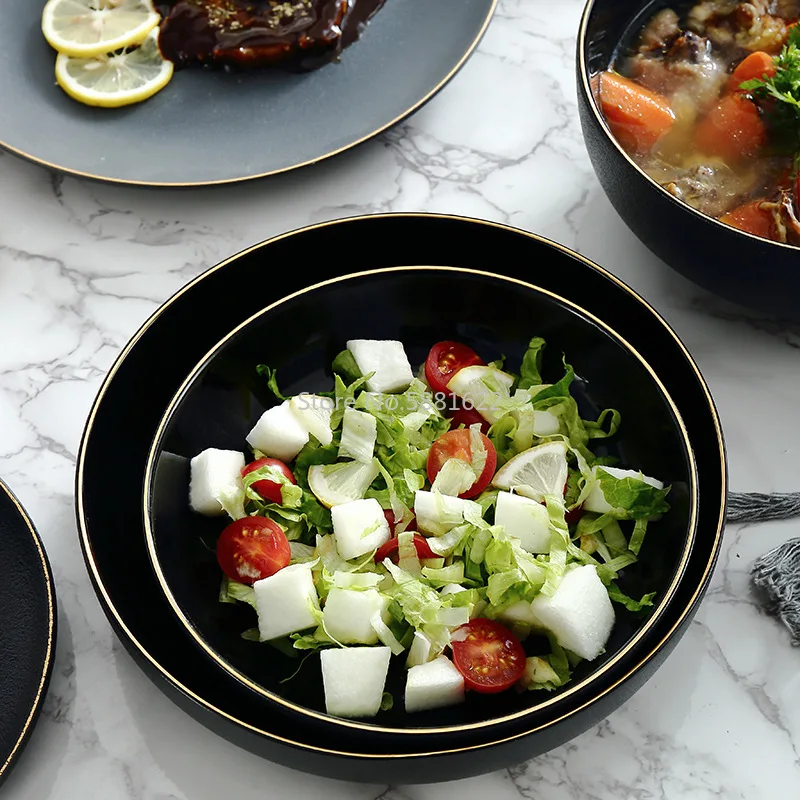 1pc Black Gold Rim Ceramic Dinner Dish Plate Rice Salad Noodles Bowl Soup Plates Matte Dinnerware Sets Tableware Kitchen Tool