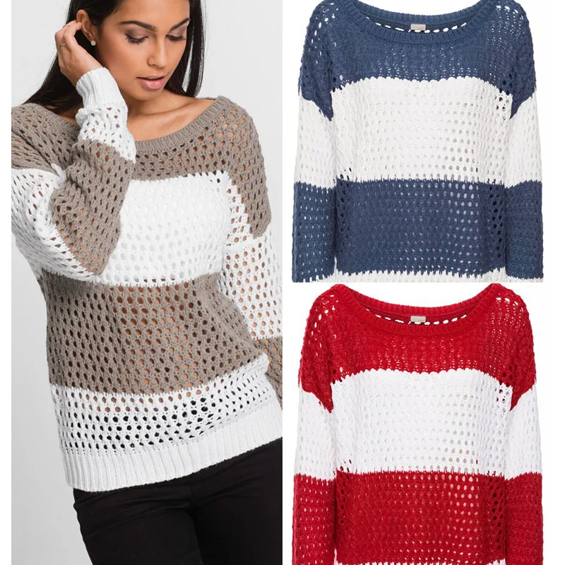 

Contrast Color Patchwork Long Sleeve Round Neck Hollow Out All-Match Women Sweater Autumn Winter New Style Fashion Knitwear