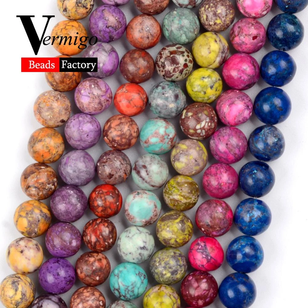 Natural Red Green Purple Sea Sediment Jaspers Turquoises Round Beads