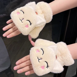 Plush Rabbit Fur Knit Mittens Plush Fingerless Gloves Flip Half Finger Driving Glove Winter Soft Warm Thick Gloves  Women Girl's