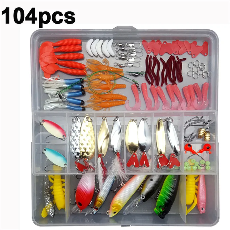 104pcs PureLeisure 106 шт. искусственные ложки приманки Поппер Блесна Приманки рыболовные плоскогубцы жесткая приманка Leurre Peche En Mer Спиннербейт с коробкой - Цвет: 104pcs