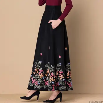 

New Black flower embroidered wool long skirt ladies elegant high waist casual skirt mom fashion large size skirt office ladies c