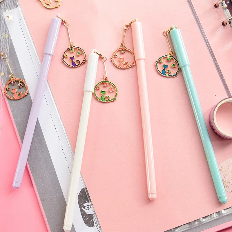 1X Creative Cute Cat& Stars Metal Pendant Gel Pen Rollerball Pen Student Stationery School Office Supply 0.5mm Black Ink