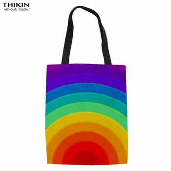 

THIKIN Colorful Rainbow Pattern Female Canvas Shopping Bag Custom Lady Organizer Big Capacity Storage Bags for Women Book Bags