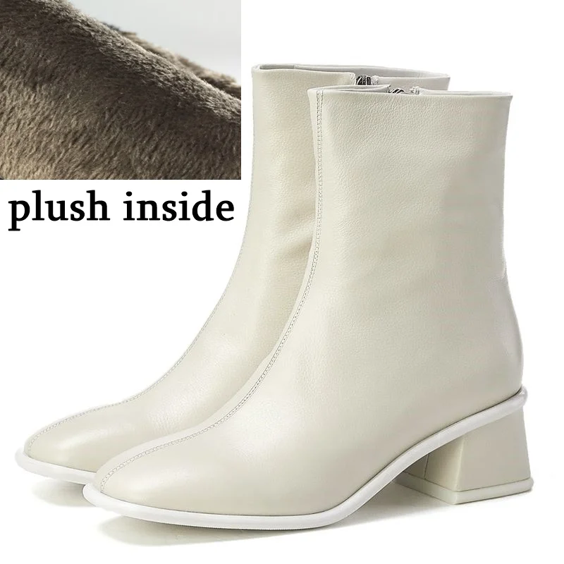 plush inside ALLBITEFO/женские ботинки из натуральной кожи; сезон осень-зима; однотонные ботильоны; модные удобные дышащие рыцарские сапоги - Color: plush inside