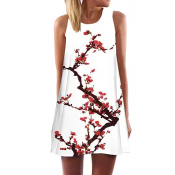 

Woman ceremony dress Women Fashion Plum Blossom Printed Crew Neck Sleeveless A-Line Mini Party Dress