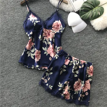 

Women's summer sexy printed silk suspender shorts with chest pad suspender pajamas two-piece suit sweet