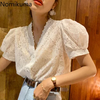 

Nomikuma Lace Hook Patchwork Women Blouse Single Breasted V Neck Puff Short Sleeve Shirt Tops Korean Chic Blusas Feminino 6A052