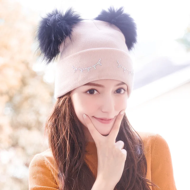 

Cross Border Hat Women's Winter Versatile Warm Double Furry Ball Earmuff Knitted Infant Wool Cap Brushed And Thick Set of Head C