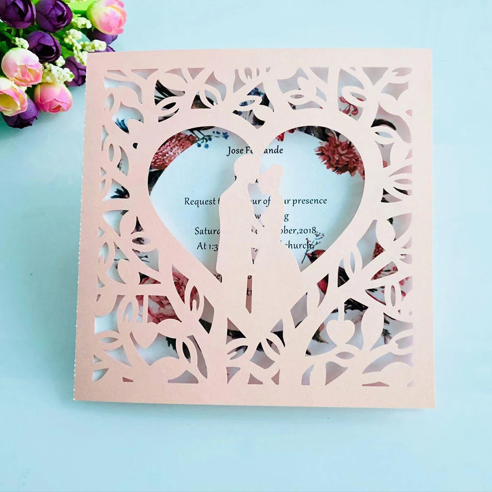  10 Sets Hollow Heart Couple Laser Cut Wedding Invitation Card With Envelopes Custom Party Decoratio - 4000275550737