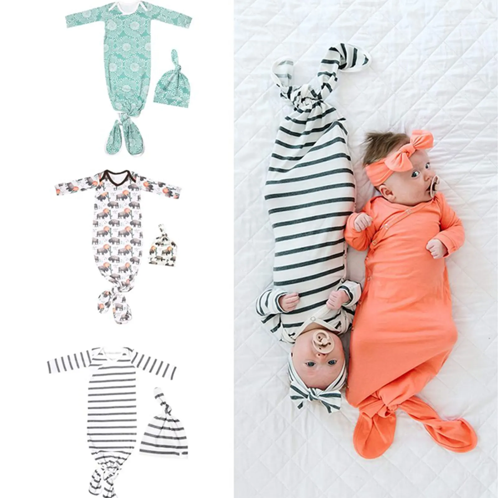Citgeett 0-6M Newborn Baby Girl Boy Sleeping Bags Animals/Striped/Plaid/Dinosaur Long Sleeve Sleepwear+Hat Spring Summer Full