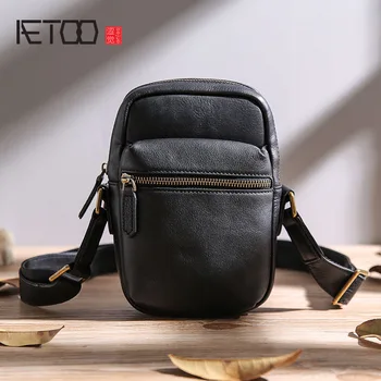 

AETOO One shoulder bag, men's leather mini casual vertical stiletto bag, head leather men's mobile phone bag