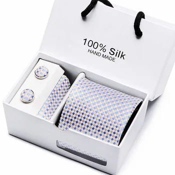 

2020 Fashion Silk Jacquard Tie White Geometric Tie Hanky Cufflink Set Ties For Men Business Wedding Party