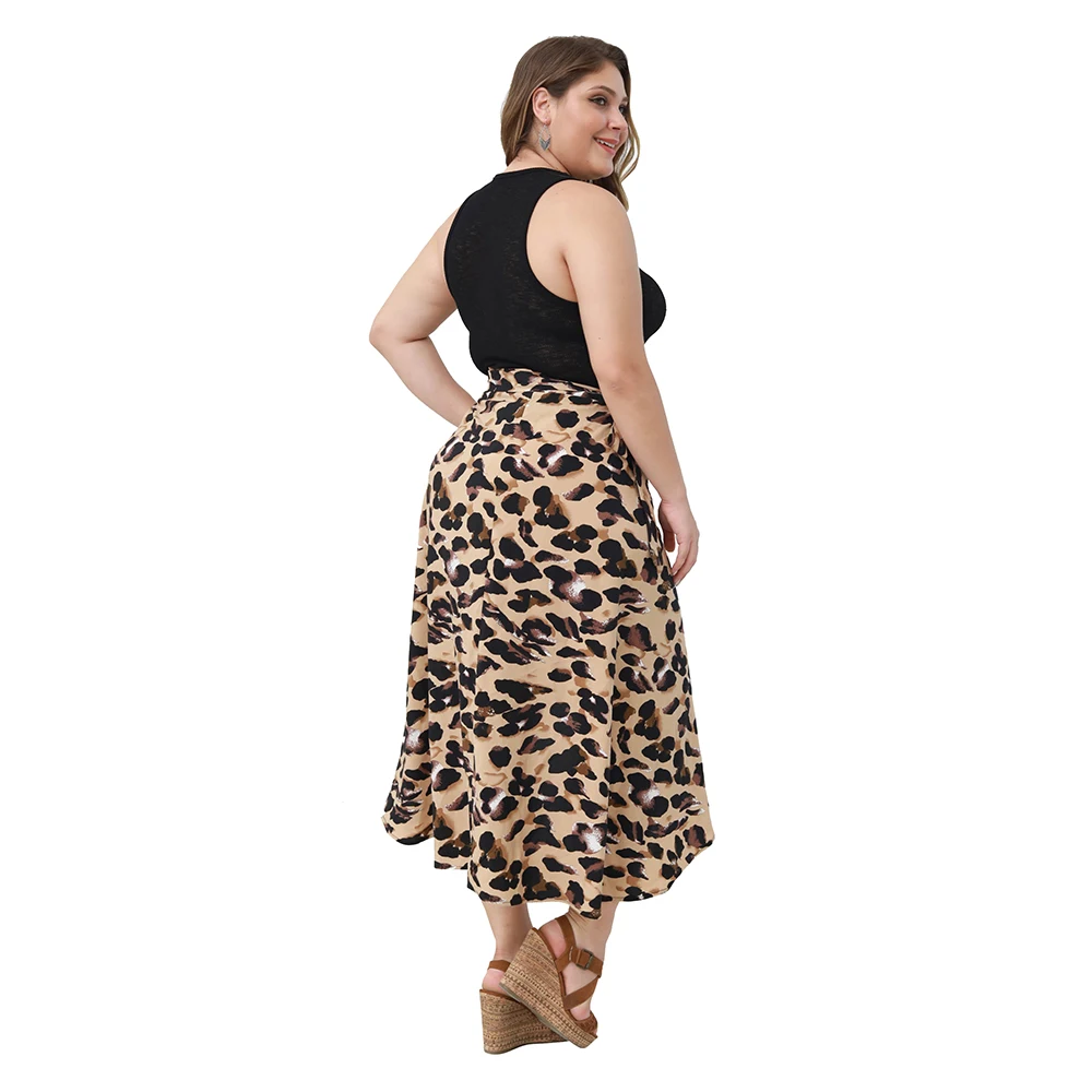 Large Size Women Leopard Skirts Casual Summer Lace-up Asymmetrical Skirt Vintage Mid-Calf Ladies High Waist Skirts 6XL D35