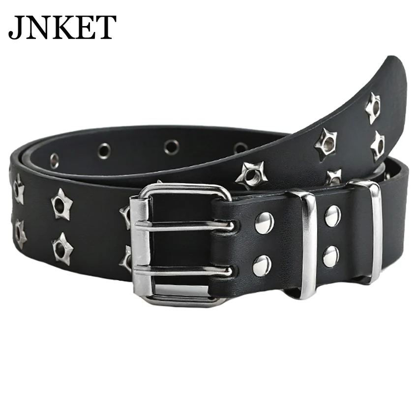 

JNKET New Women Punk Double Pin Buckle Belt Five-pointed Star Waist Belt PU Leather Waist Strap Casual Jeans Rock Belt