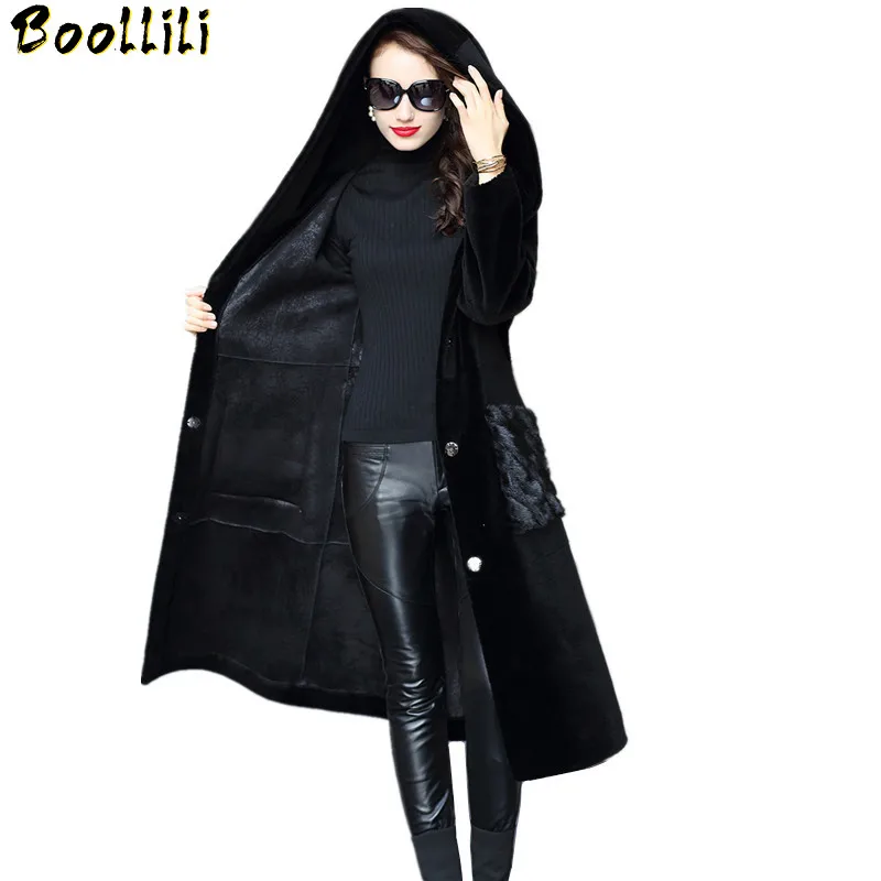 

Boollili 2020 Shearling Coats Women Real Wool Fur Coat Hooded Winter Long Female Jacket Natural Mink Fur Pocket Outerwear