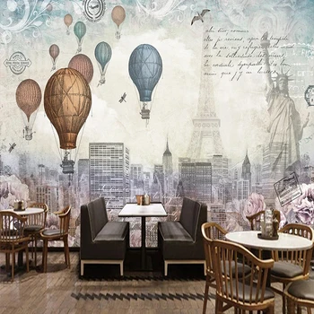 

Custom 3D Wallpaper Europran Style Retro Hot Air Balloon Iron Tower Building Photo Wall Murals Restaurant Cafe Background Murals