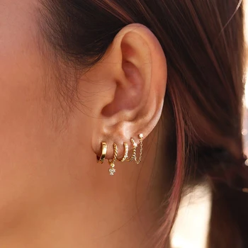 5Pair Fashion Round Twist Copper Small Hoop Earrings Set for Women Simple Gold CZ Crystal Long Chain Earring Jewelry 2021 New