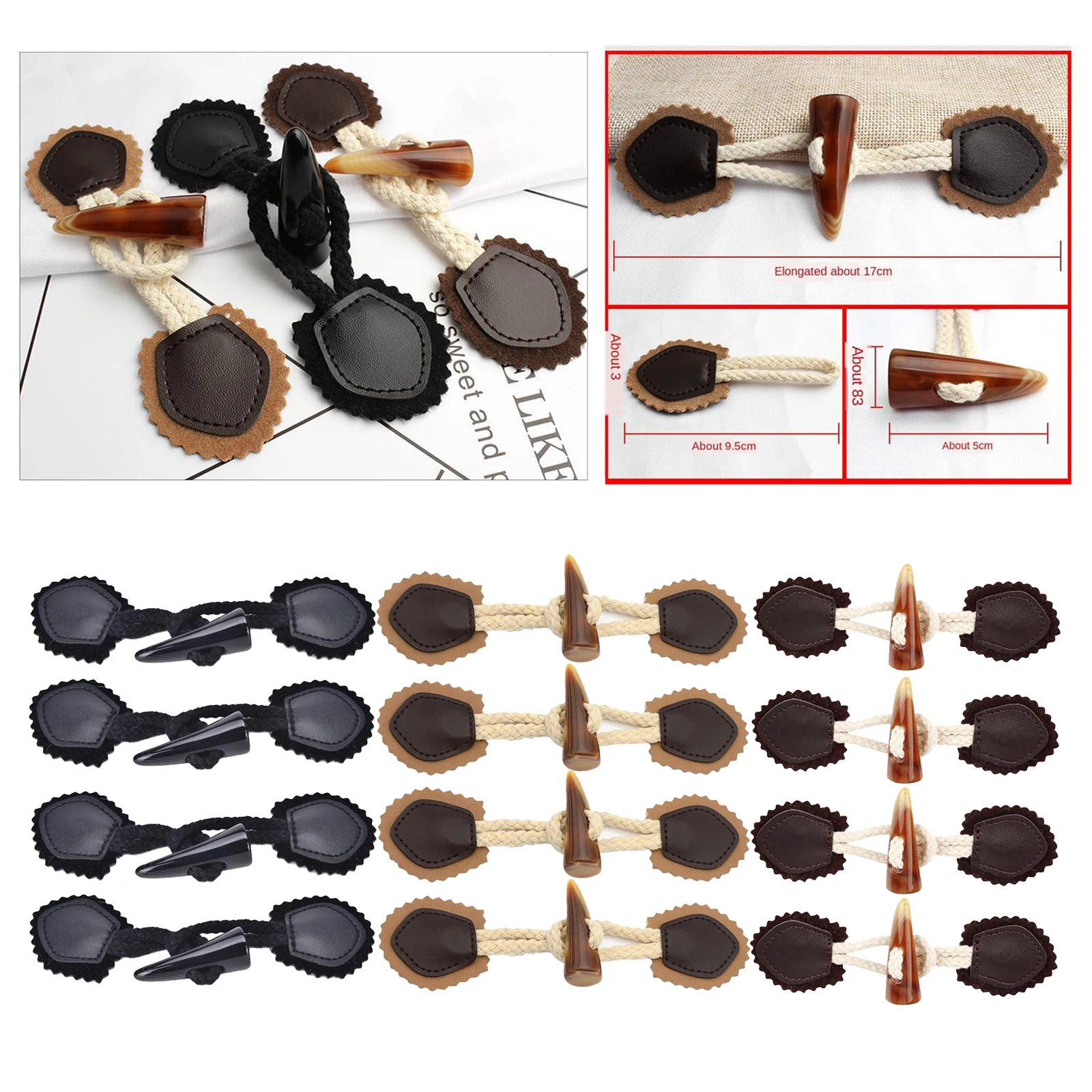 5 Pairs PU Leather Sew-On Toggles Resin Horn Buttons Closures For