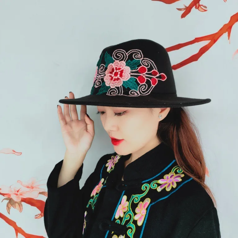 leopard fedora hat 2021 Fedora hat embroidered autumn new woolen hat original embroidery hat ethnic style big brim jazz hat for men and women red bottom fedora