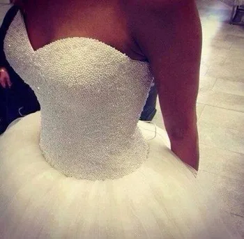 

2016 New Custom Made Real Sample Tulle With Pearls Sweetheart Open Back Ball Gown Big Train Wedding Dresses Bridal Gowns