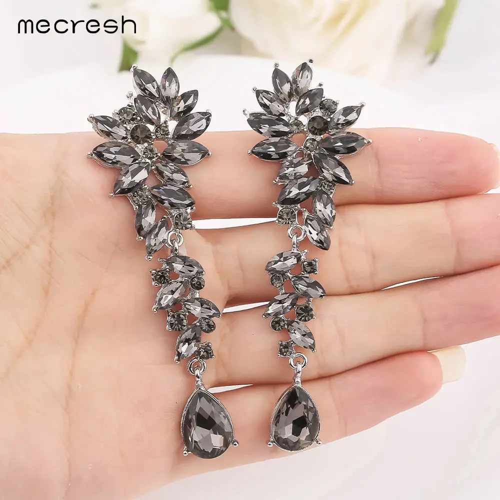 

Mecresh Cluster Leaf Crystal Women Wedding Drop Earrings 2022 Grey Color Bridal Teardrop Long Earrings with Piercing MEH1566