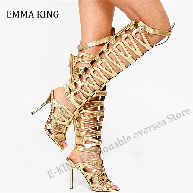 Sexy Women Gold Lace-up Gladiator Sandals Boots Female Cuts Out Thin Heels  Summer Boots Cross Tie Knee High Strappy Sandels 2020 - Women's Sandals -  AliExpress