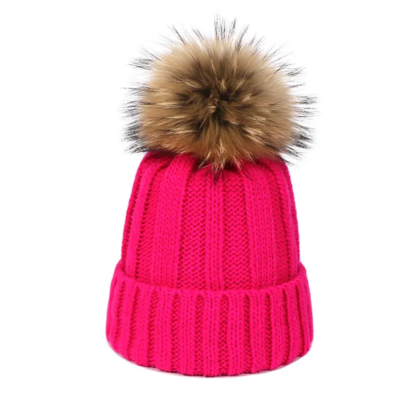 Women Autumn Winter Beanie Cap Female Acrylic Wool Hats With Real Fur Pompon Knit Windproof Outdoor Warm Fluorescent Beanie Hat