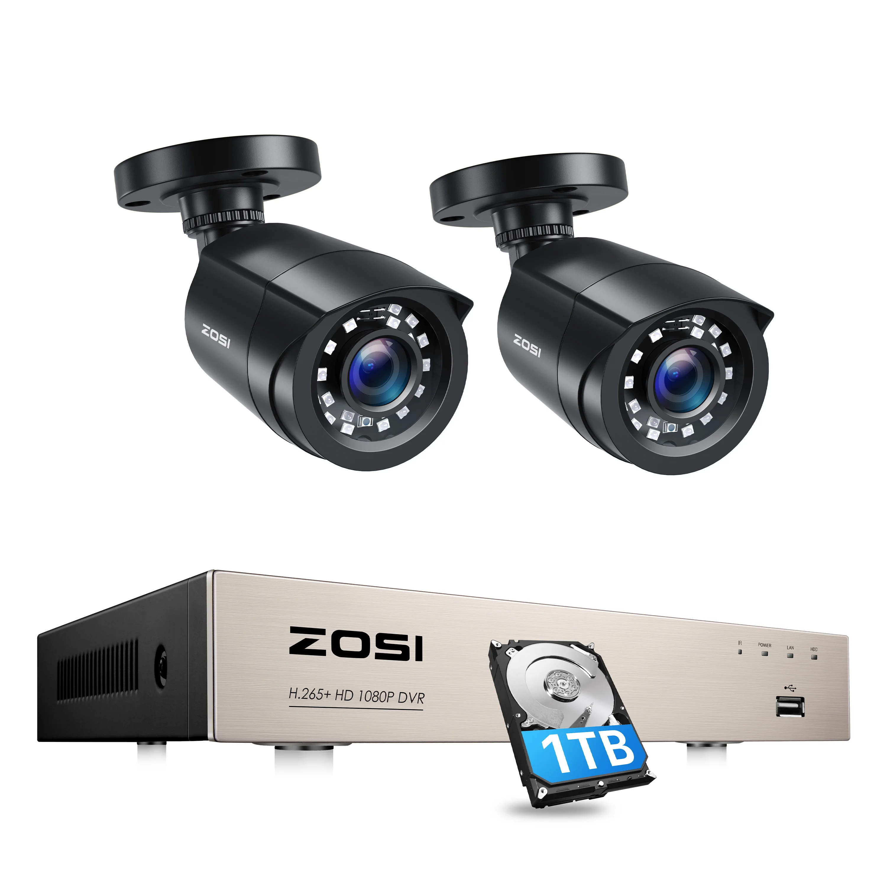 ZOSI 1080p Security Camera System 8CH 5MP Lite H.265+ CCTV DVR 2pcs 2.0MP Security Cameras outdoor IP66 Video Surveillance kit