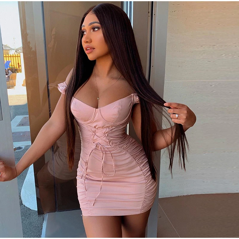 

Parthea Off Shoulder Club Sexy Dress Women Vintage Bodycon White Summer Dress 2019 Lace Up Ruched Party Dress Vestidos De Fiesta