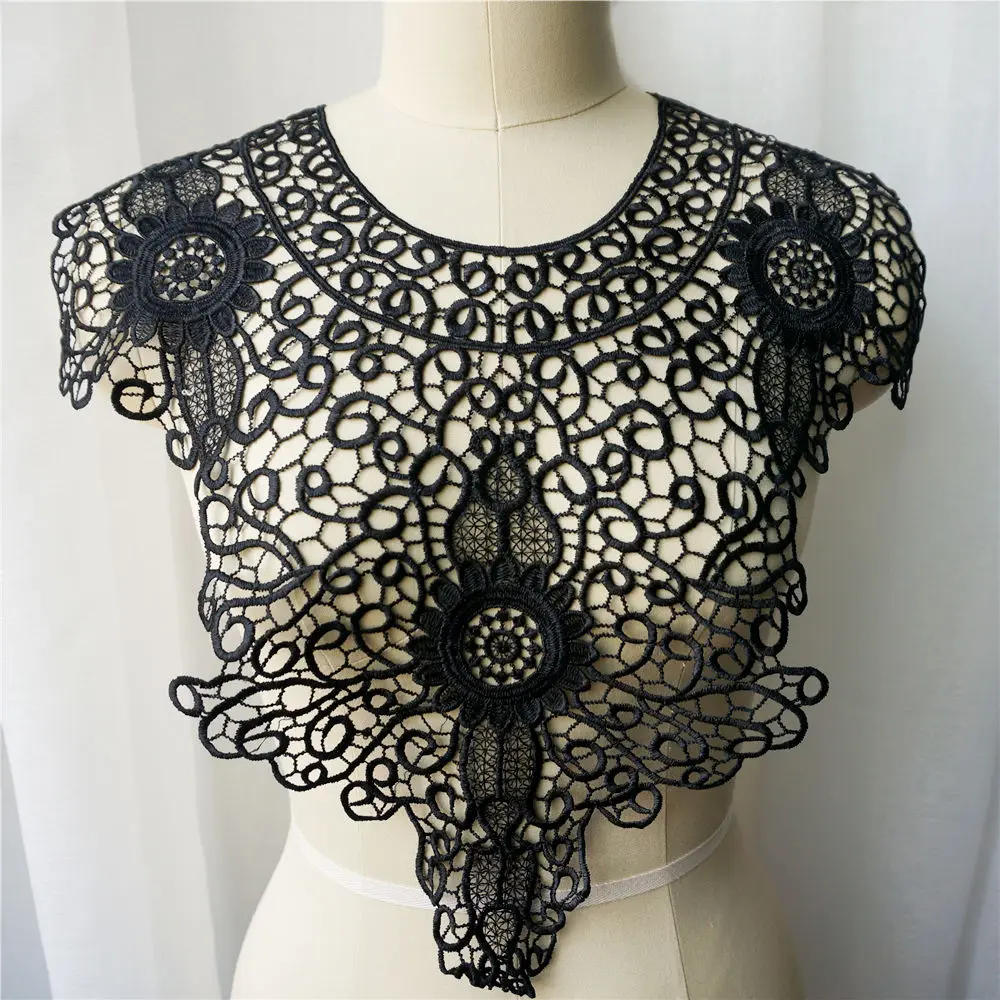 

45CM Black Embroidered Water Soluble Trims Flowers Round Neck Collar Appliques Gothic Vintage Sew On Patch For Wedding DIY