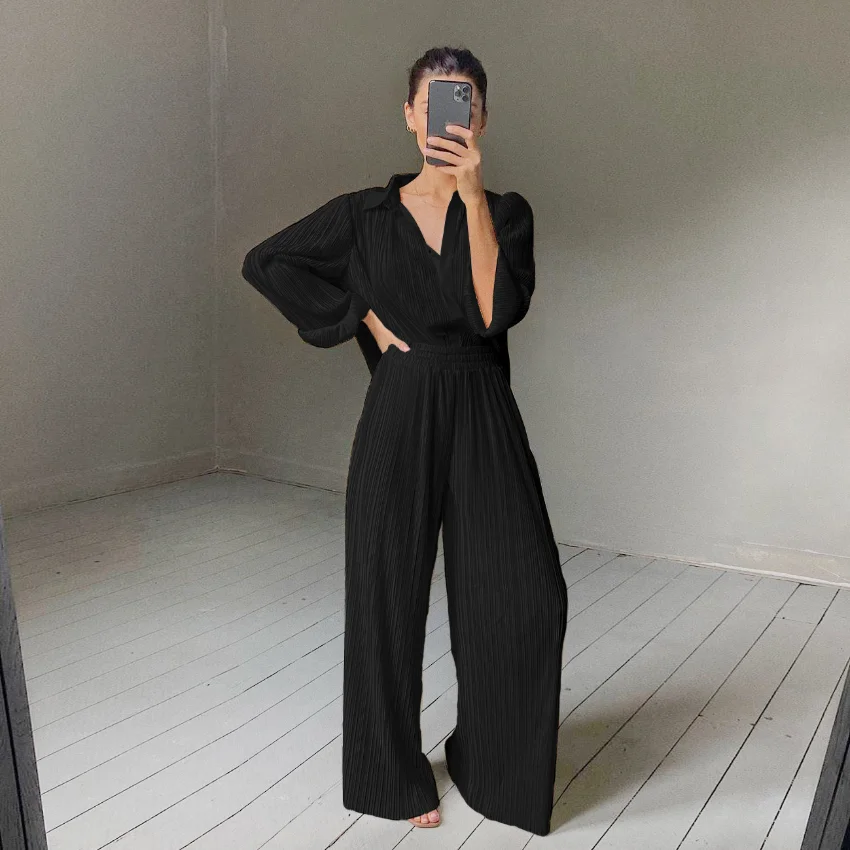 Abito Da Donna 2021 Autunno Primavera Sciolto Lunghezza Intera Casual Chiffon Elastico In Vita Solido Camicia E Pantaloni 2 Foto Set Stile Euro-Americ