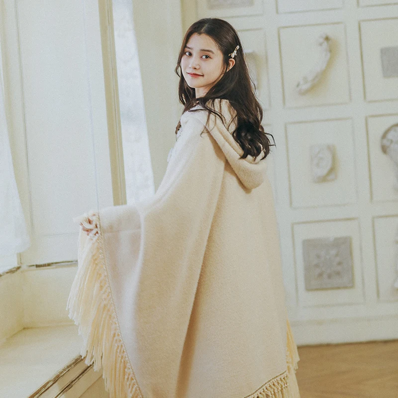 Fall Women Autumn Winter Bohemian Oversized Tassel Hooded Cloak Ladies Sweet Thick Warm Casual Loose Long Coats ropa mujer