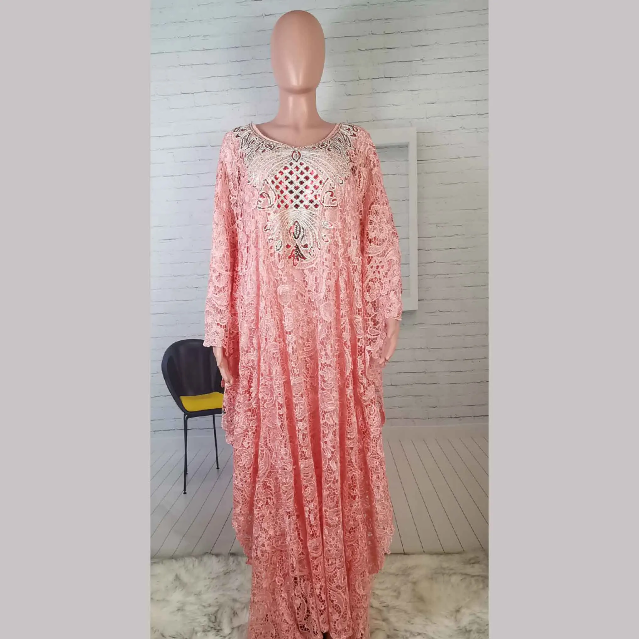 Новинка 148 см, африканская Женская Дашики, Водорастворимая кружевная Свободная юбка с вышивкой из бисера и пайеток, длинное платье и подкладка - Цвет: pink