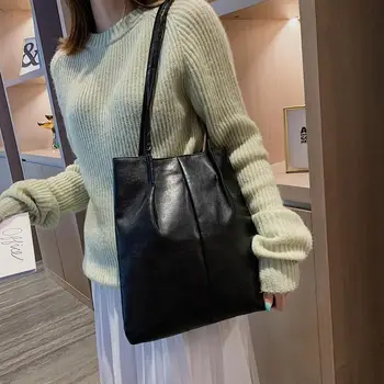 

Women Handbag Female Casual PU Leather Fashion Pure Color Shoulder Bag Lady Leisure Simple Large Capacity Shopping Totes