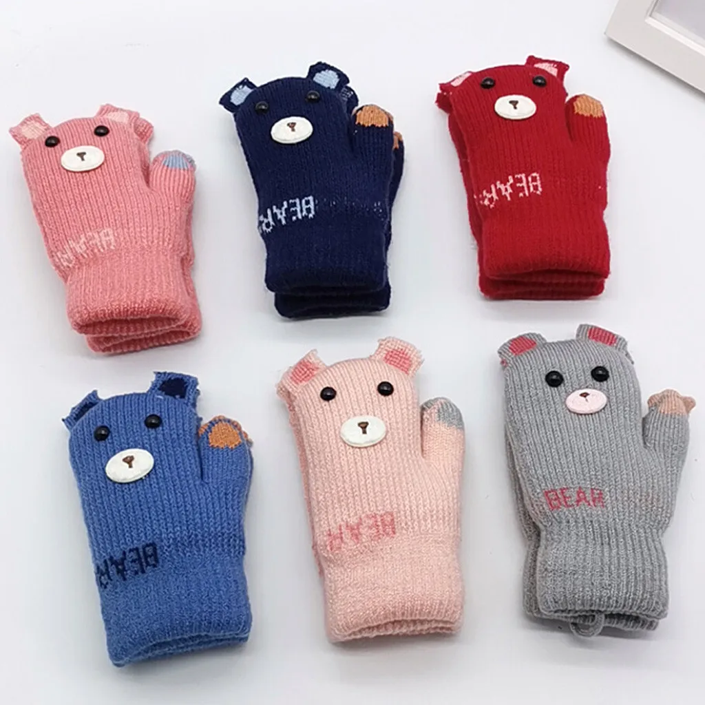 Mittens Children Kids Winter Halter Total Finger Bear Top Cashmere Print Warm Gloves Rekawiczki Dzieciece | Детская одежда и обувь