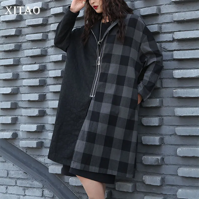 XITAO Vintage Trench Coat for Women Plaid Stitching Loose Plus Size Zipper Windbreaker Fashion Mid-length Tops New XJ3753 | Женская