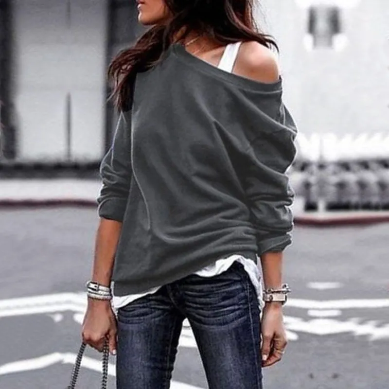 

Fashion Women Autumn Casual Long Sleeve Solid T-Shirt Sexy Loose Off Shoulder Top Asymmetrical O-Neck Cotton Pullover